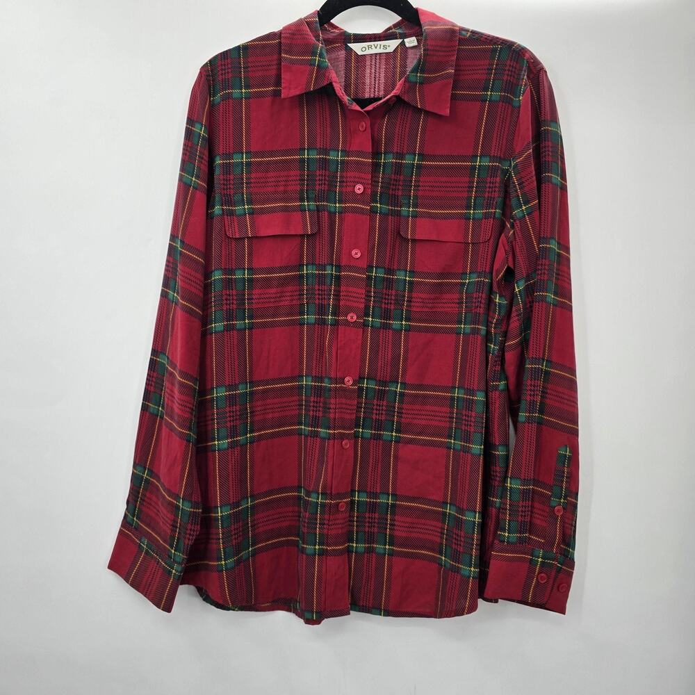Orvis Red Plaid Silk Shirt Womens Large Long Sleeve - Picture 7 of 8